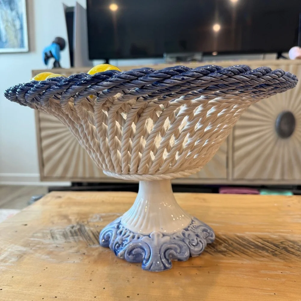 Lanzarin Italian Woven Lattice Ceramic Pedestal Lemon Basket Hand Made in Italy